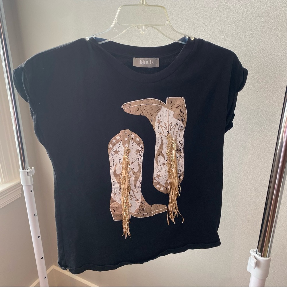 Black Woman’s T-Shirt with Gold Boot Design